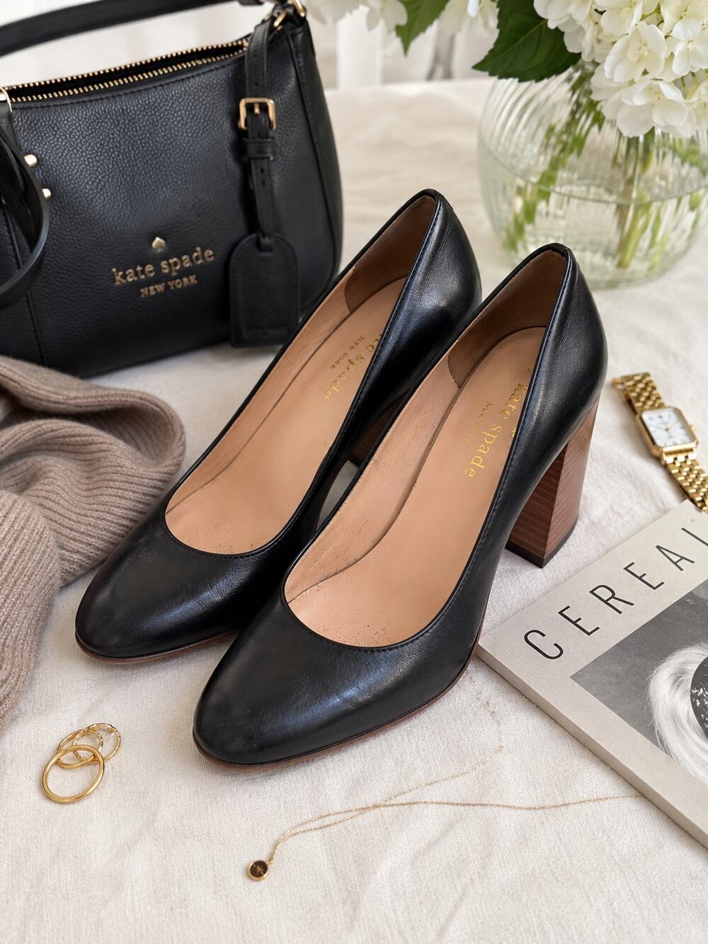 Kate Spade New York Black Leather Block Heel Pumps Women’s Size 8 Classic